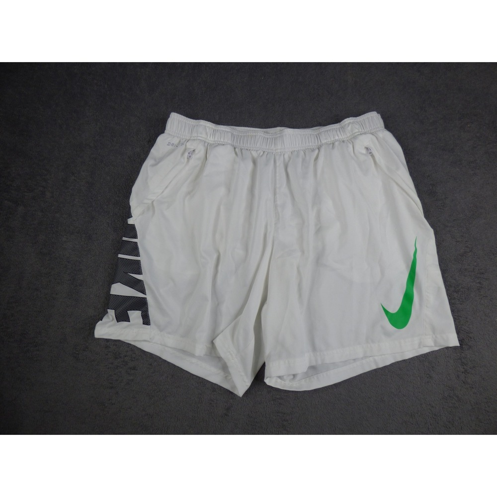 Nike Dri-FIT Mens White Running Training Shorts Green Swoosh XXL 2XL Graphic